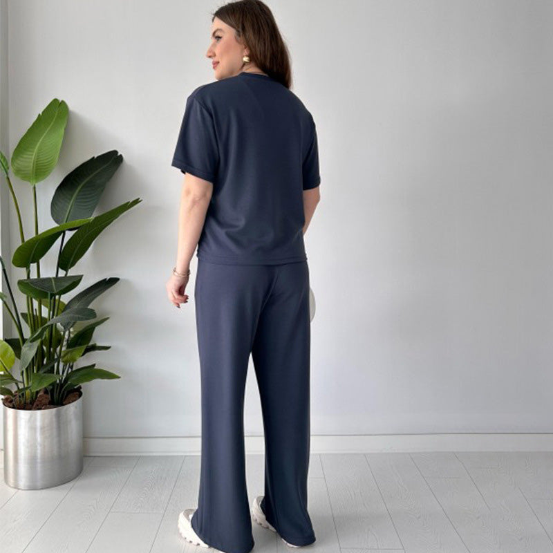 Casual Set med topp med rund halsringning och byxor med dragsko