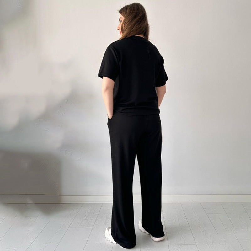 Casual Set med topp med rund halsringning och byxor med dragsko