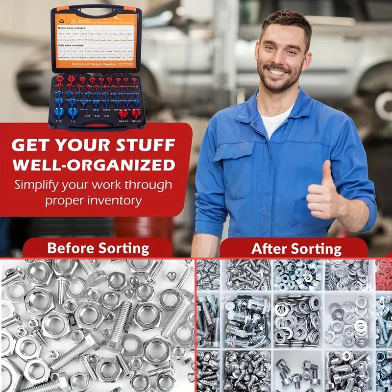 🔥44Pcs Alloy Nut and Bolt Thread Inspector, Charge-Free Thread Gauge, Metric and SAE Size Identification Tool for Inspection of Fixed Bolts or Threaded Holes