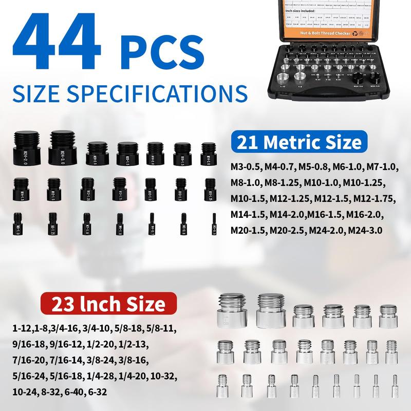🔥44Pcs Alloy Nut and Bolt Thread Inspector, Charge-Free Thread Gauge, Metric and SAE Size Identification Tool for Inspection of Fixed Bolts or Threaded Holes