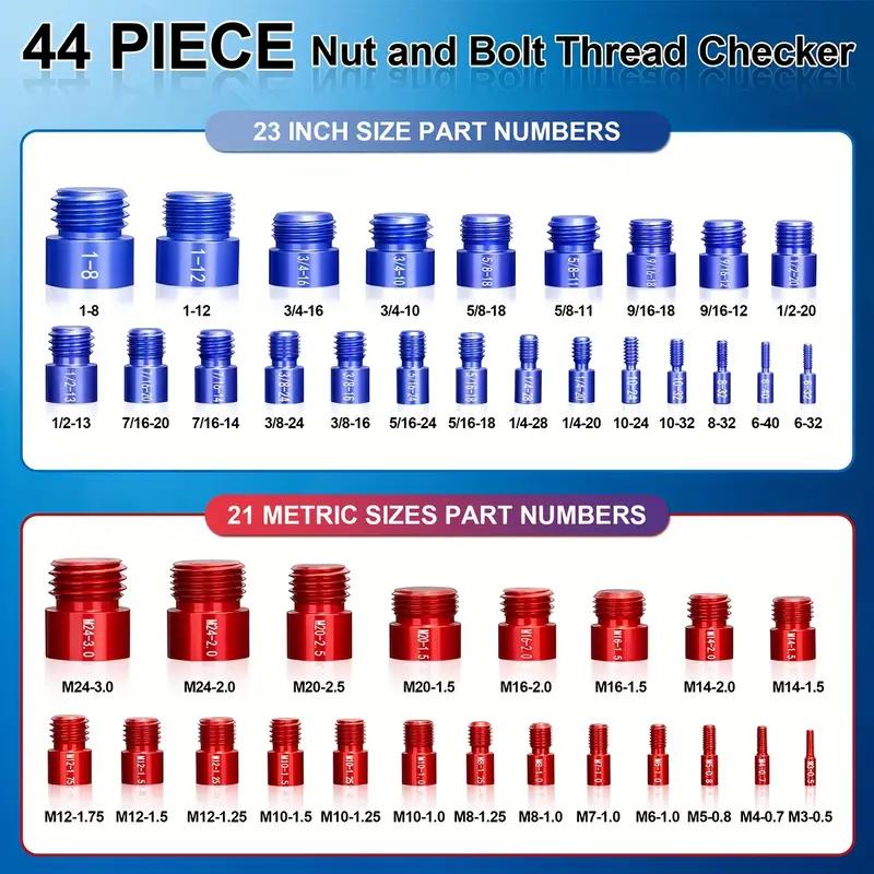 🔥44Pcs Alloy Nut and Bolt Thread Inspector, Charge-Free Thread Gauge, Metric and SAE Size Identification Tool for Inspection of Fixed Bolts or Threaded Holes