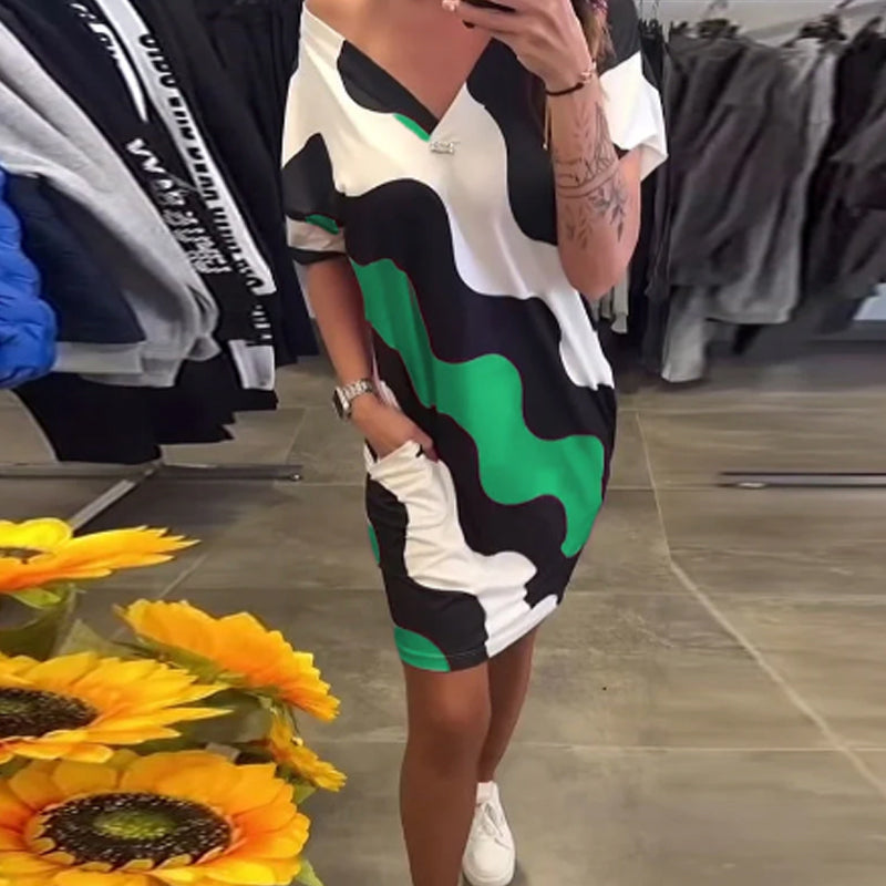 🎉🛍️Sommarens nyheter🥻Klänning med kort ärm och V-nacke för kvinnor