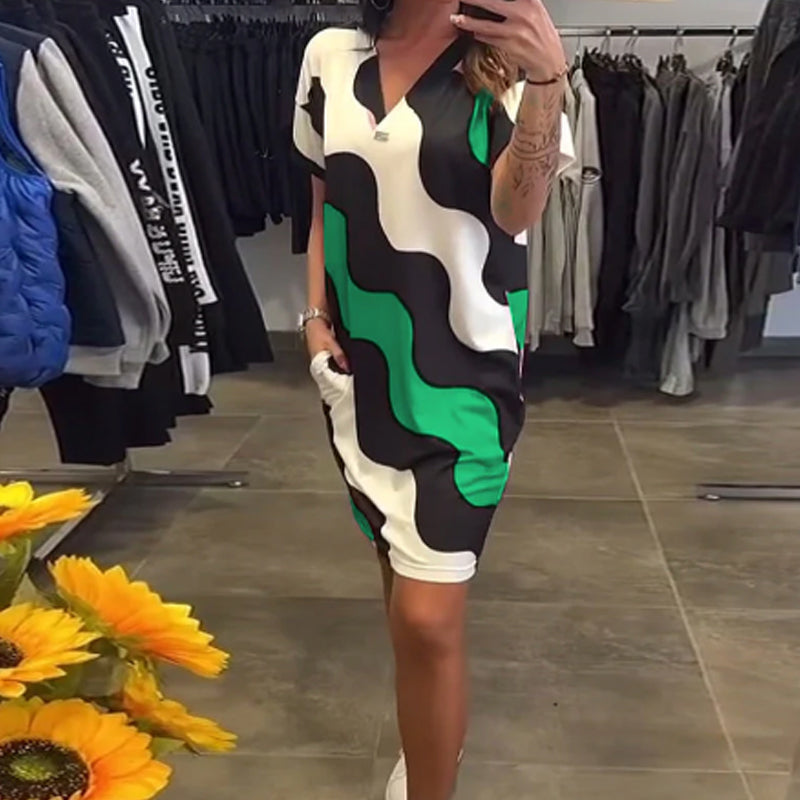 🎉🛍️Sommarens nyheter🥻Klänning med kort ärm och V-nacke för kvinnor