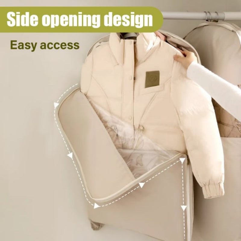 Utrymmesbesparande hängande klädpåse med självkomprimerande dragkedja