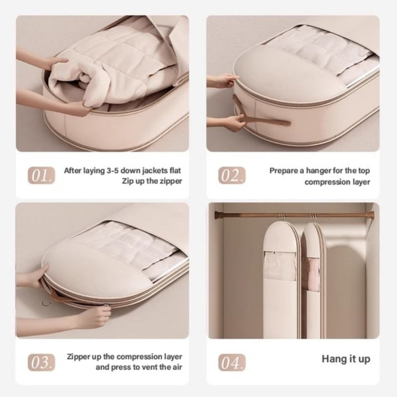 Utrymmesbesparande hängande klädpåse med självkomprimerande dragkedja