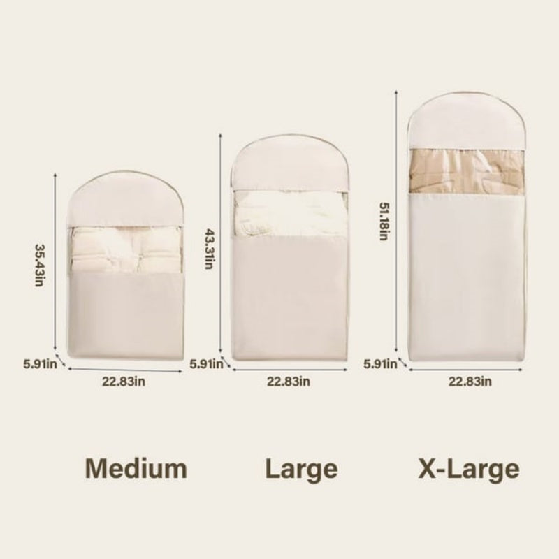 Utrymmesbesparande hängande klädpåse med självkomprimerande dragkedja