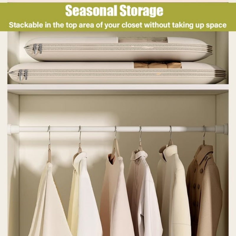 Utrymmesbesparande hängande klädpåse med självkomprimerande dragkedja