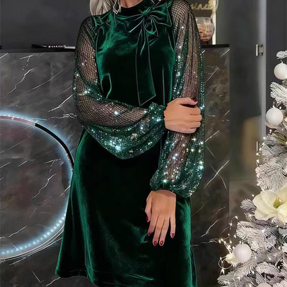 ⏳Begränsad tid 49 %🔥 Rabatt⏰Damklänning med Glitter och Fluga vid Halsen✨👗