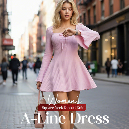 🔥Specialerbjudande: 49 % rabatt🔥 Damklänning med fyrkantig halsringning, ribbad stickning och A-linjeform