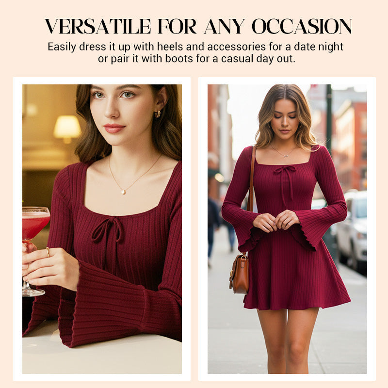 🔥Specialerbjudande: 49 % rabatt🔥 Damklänning med fyrkantig halsringning, ribbad stickning och A-linjeform