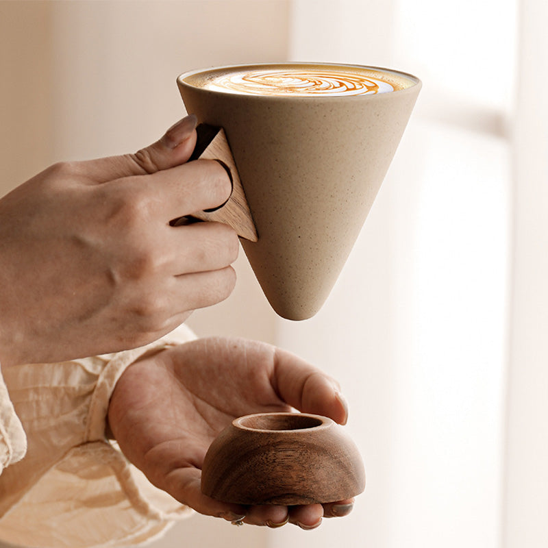 🔥Het säljande Vintage kaffemugg med trähandtag och träfat
